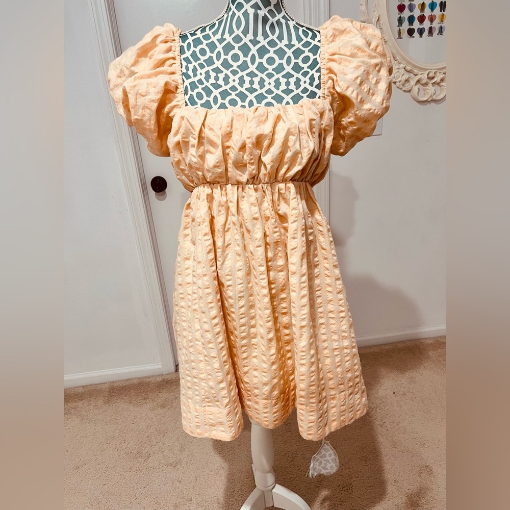 Peach Puff-Sleeve Textured Baby Doll Dress